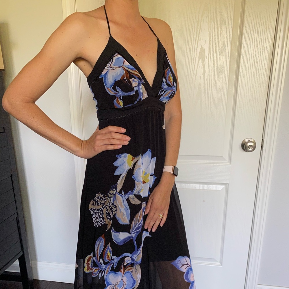 Beautiful black lace with blue flowers print
